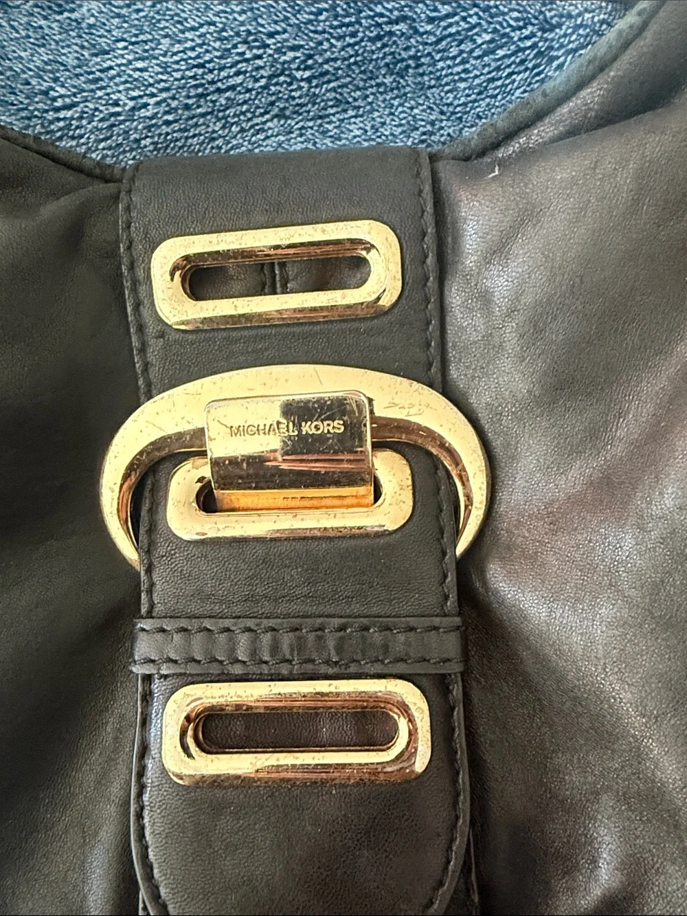 Michael Kors Black Leather Hobo with Gold-Tone Accents